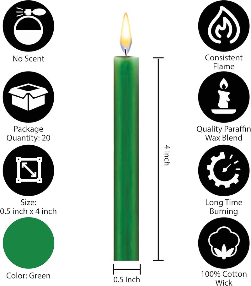 Dinil – Set of 20 Green Spell & Chime Candles – Premium Mini Taper Candles for Rituals, Prayer, Birthdays, Meditation, Altar, Spells, Chime Candles - 4 Inch Tall, Unscented (Green) - Image 2